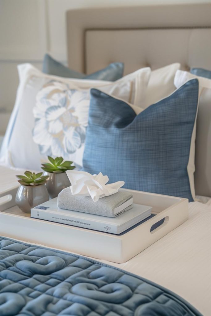 A pretty bedside tray holds tissues and books, the practical charm ensures nighttime comfort is within arm's reach, looks pretty and matches the aesthetic of your room.