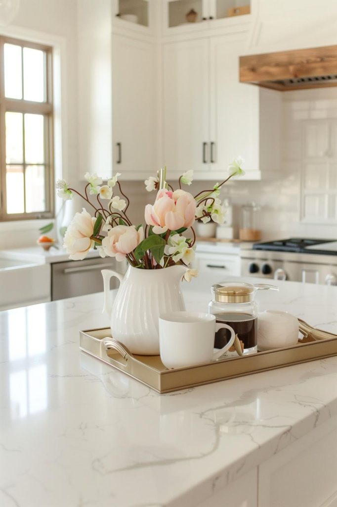 Morning rituals revolve around a pretty metallic tray on the kitchen island, with every coffee within reach out of reach, signaling the start of a new day with a warm brew.