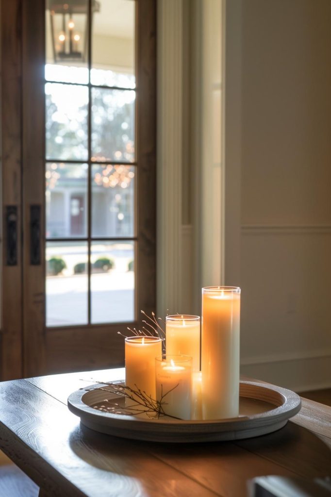 Guests are greeted with warmth as a small round bowl with candles of different heights on the entrance console, a beacon of home comfort and warmth.