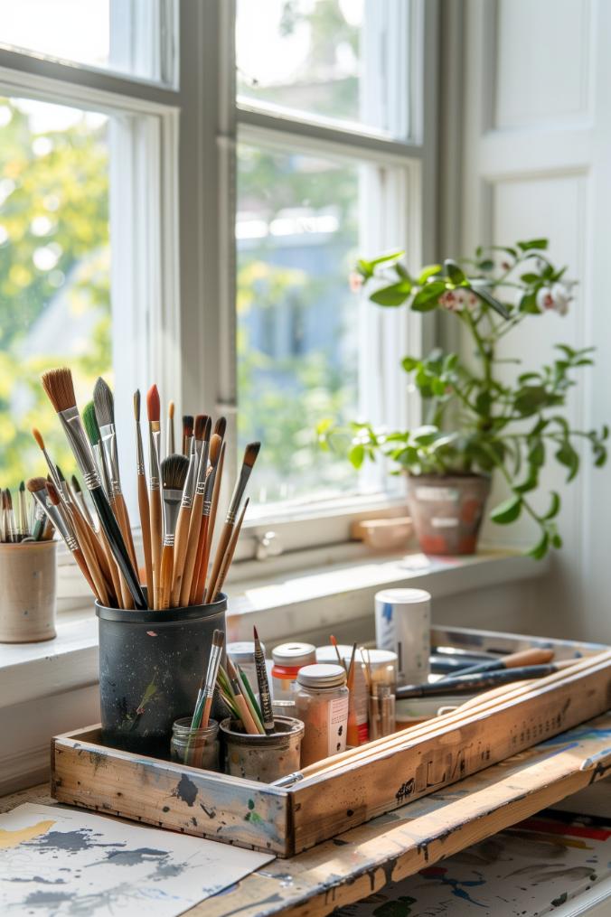 Creativity blooms in an arts and crafts room where a rectangle wooden bowl is the keeper of art supplies, the birth of new projects beckons, and everything is easy to find.