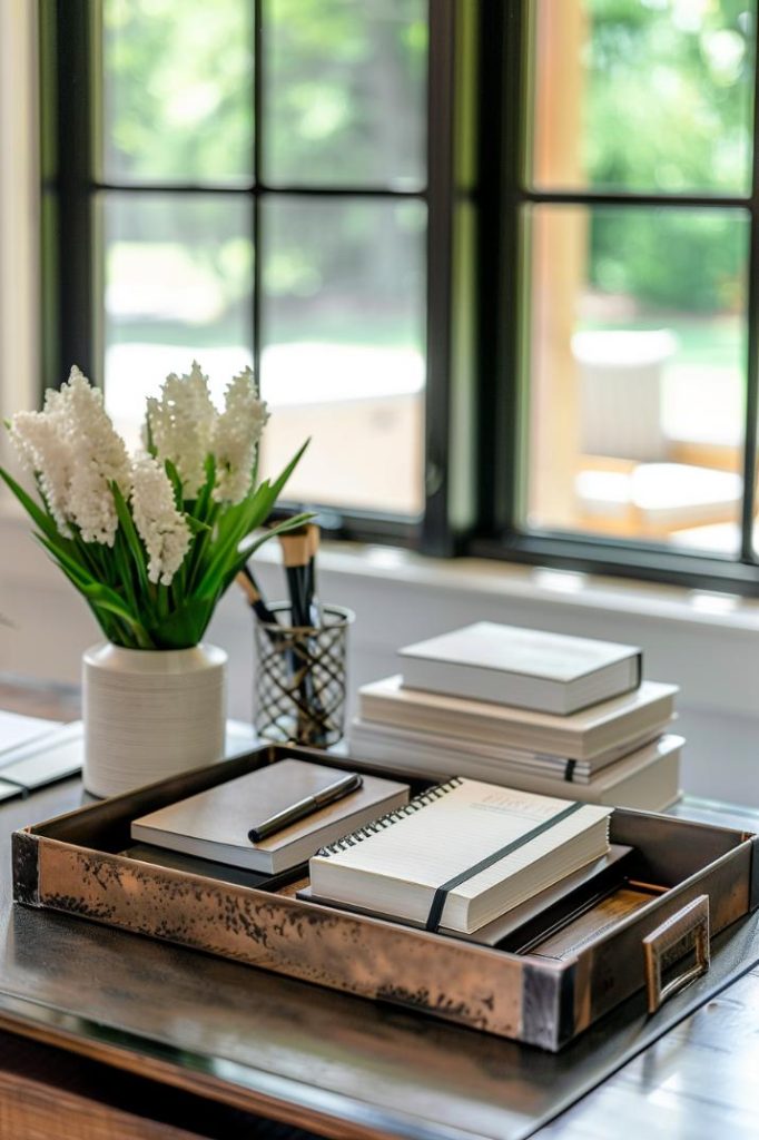 The home office table stays organized and trendy with an industrial tray that corrals magazines and pens and effectively manages time and tasks.