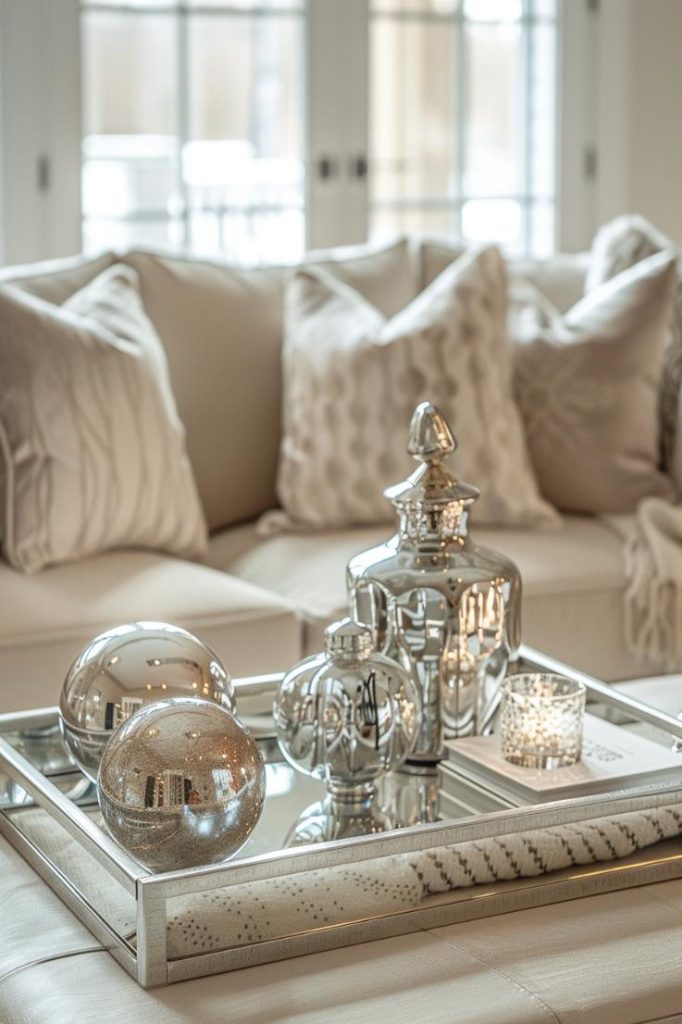 Reflections of style and elegance, a framed mirror bowl holds delicate glass jewelry on the coffee table and captivates with every glance.