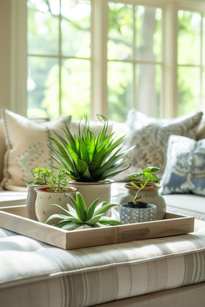 An ottoman in the living room is adorned with a square tray with pretty pots of different sizes and hues, their green plants, a celebration of growth and interior design.