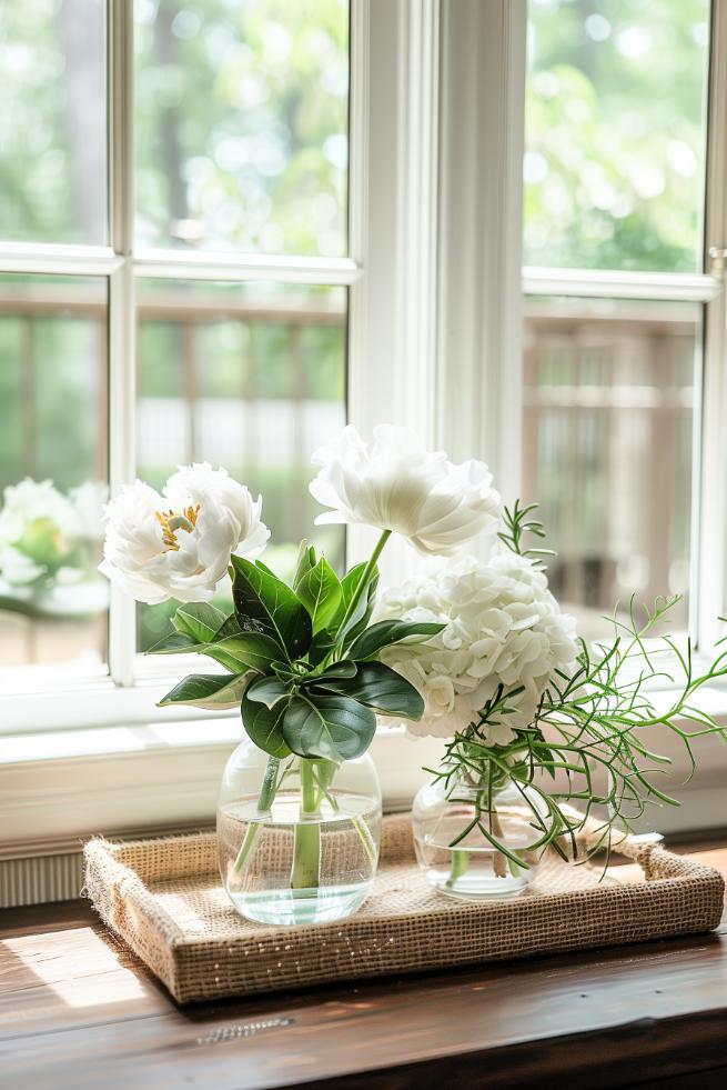 The presence of a woven tray cradling a delicate terrarium and pristine white flowers connects the space with a touch of life and art.