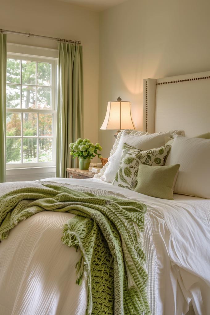 In this room, farn green blankets and pillows contrast with bright white bed linen and embody a harmonious mix of sophistication and charm inspired by nature.