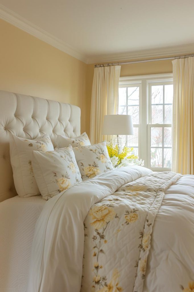 Gentle yellow walls and accents of the same color in the transparent curtains and pillows with flower pattern give this room a steamed golden shimmer and create an atmosphere of gentle warmth and sunny elegance.