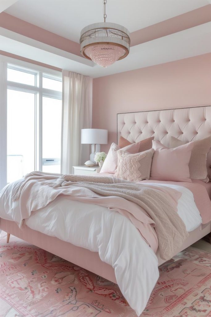 A pink color palette ensures a portion of feminine sweetness, while soft pillows give the room a cozy note. The gentle colors of the bed linen go perfectly with the pale pink carpet under the bed.