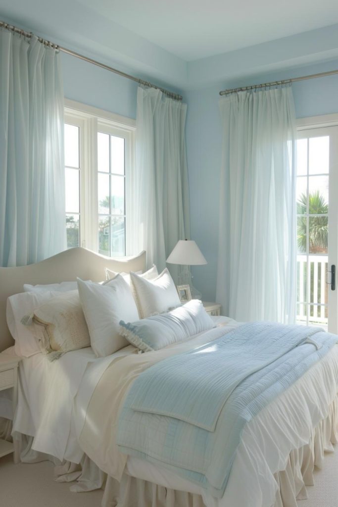 Transparent light blue curtains filter the light gently into a room in which gentle blue walls provide a quiet atmosphere. With cream -colored pillows that decorate the bed, comfort is the be -all and end -all.