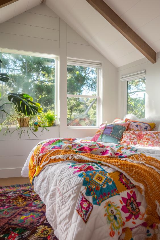 Bright pieces of actions, from lively and multi -colored overlays and carpets to lively green plants, captivate the eye and create a lively and inviting feminine retreat.