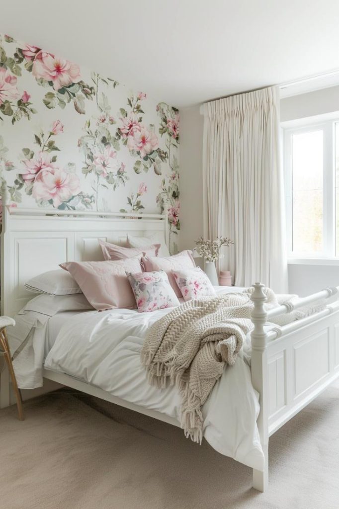 In this room, strong flower wallpaper serves as a breathtaking backdrop for a bedroom that does not shy away from setting a statement with its lively, feminine flair.