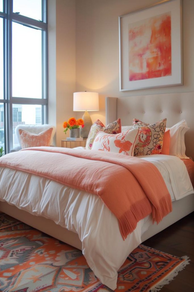 Orange accents on pillows and colorful works of art give a bedroom a cheeky, energetic touch and form a lively contrast to neutral backgrounds.