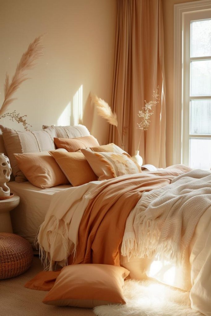 A variety of warm colors, from peach to terracotta, wraps the room into a cozy hug and combines comfort and chic aesthetics.