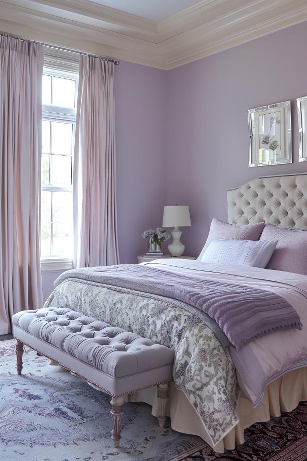 Lavender and lilac bed linen in front of light-purple walls offers a bedroom vision full of cooler, gentle colors that stand for relaxation and style.