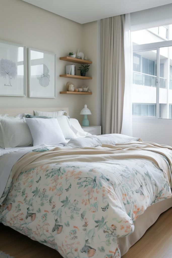 Flower patterns and cool colors on the daily blanket as well as small plants and ceramic decor on the nearby wooden shelves define a modern bedroom that brings modernity into harmony with a gentle, feminine note.