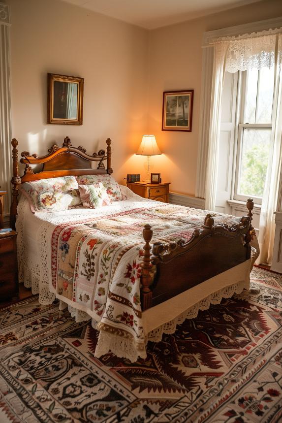 Floral quilting ceilings and ancient furniture tell a story of timeless elegance in a bedroom that proudly wears its vintage charm. It is a feminine room that is graceful and striking.