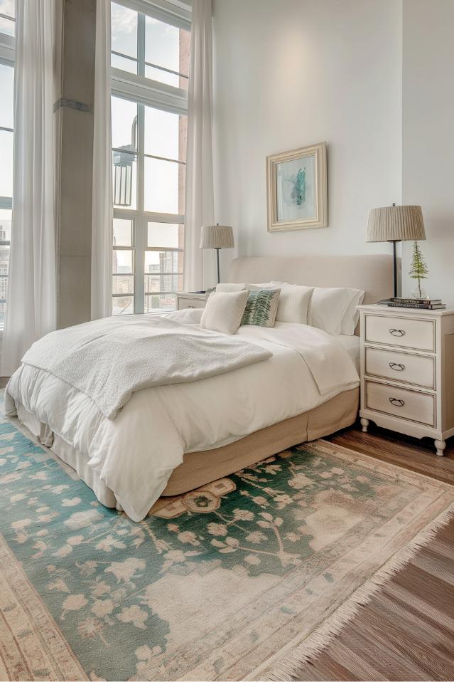 Green accents on the pillow, the carpet and the gold -framed abstract wall art ensure a simple but refined aesthetics with an airy, refreshing atmosphere, especially in a bedroom with room -high windows.