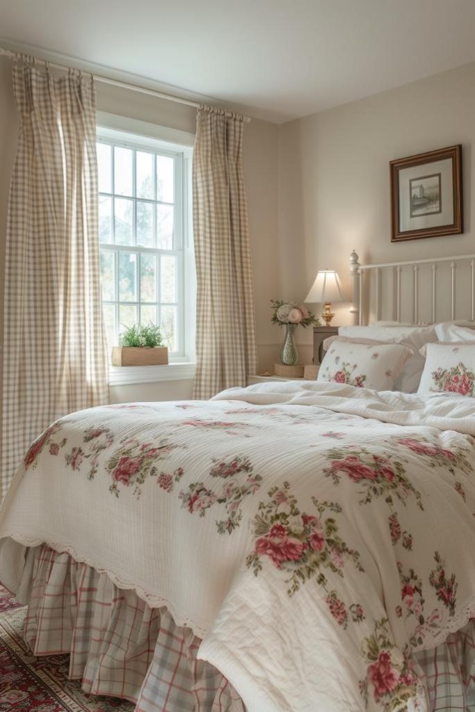 Gingham curtains and floral duvets contribute to a country house style bedroom, which offers cozy comfort with open arms.