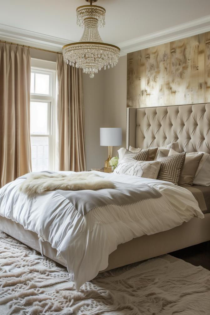 Fur, a glamorous chandelier and golden accents are reminiscent of Hollywood's shine and give the bedroom a star-like touch.