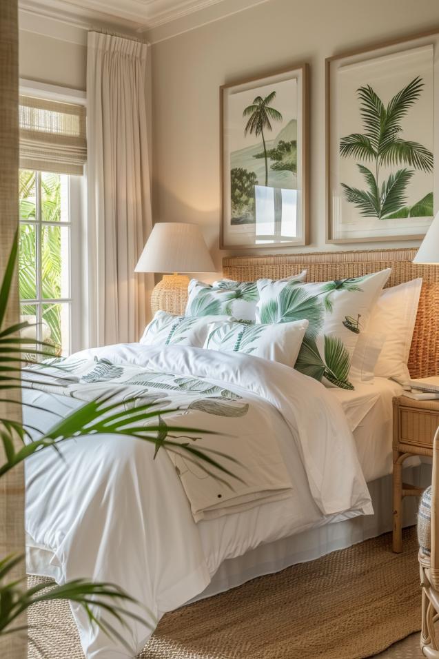 Tropical prints and corbene are reminiscent of an island vacation and offer a playful and yet female space that stimulates daydreaming from sunbathing on the beach.