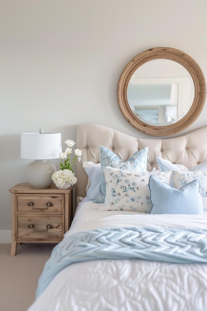 Gentle blue and white tones play together in a feminine bedroom in a maritime style, which is inspired by the sea and at the same time preserves a pretty and girlish grace.