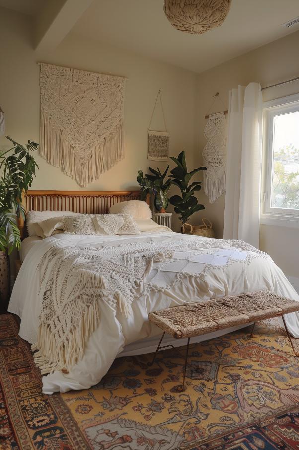 Bohemian accents, macrame wall hangings and free-spiritual decor give the bedroom a versatile and manual atmosphere that reflects personal style and creativity.