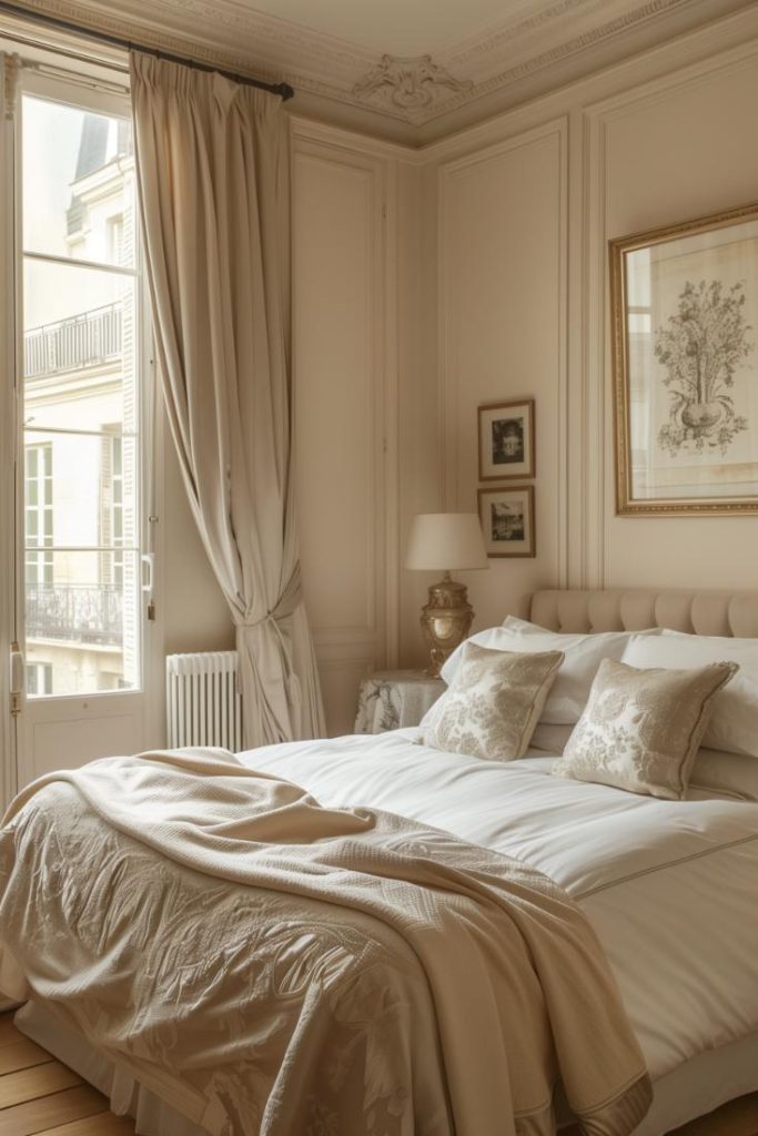 A chic, French -style bedroom is bursting with romance and has graceful furniture that exudes royal charm.