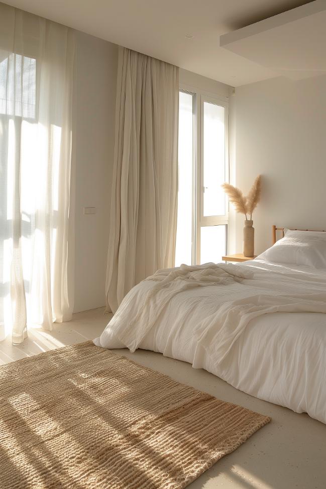 The beauty of simplicity is in a minimalist ambience with simple bed linen and neutral colors, where reserved decor reinforces the feeling of spacious calm.