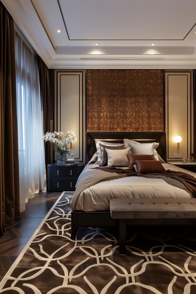 Geometric patterns and luxurious surfaces inspired by Art Deco form a dreamy sleeping incentive that reflects a touch of sophistication and style.