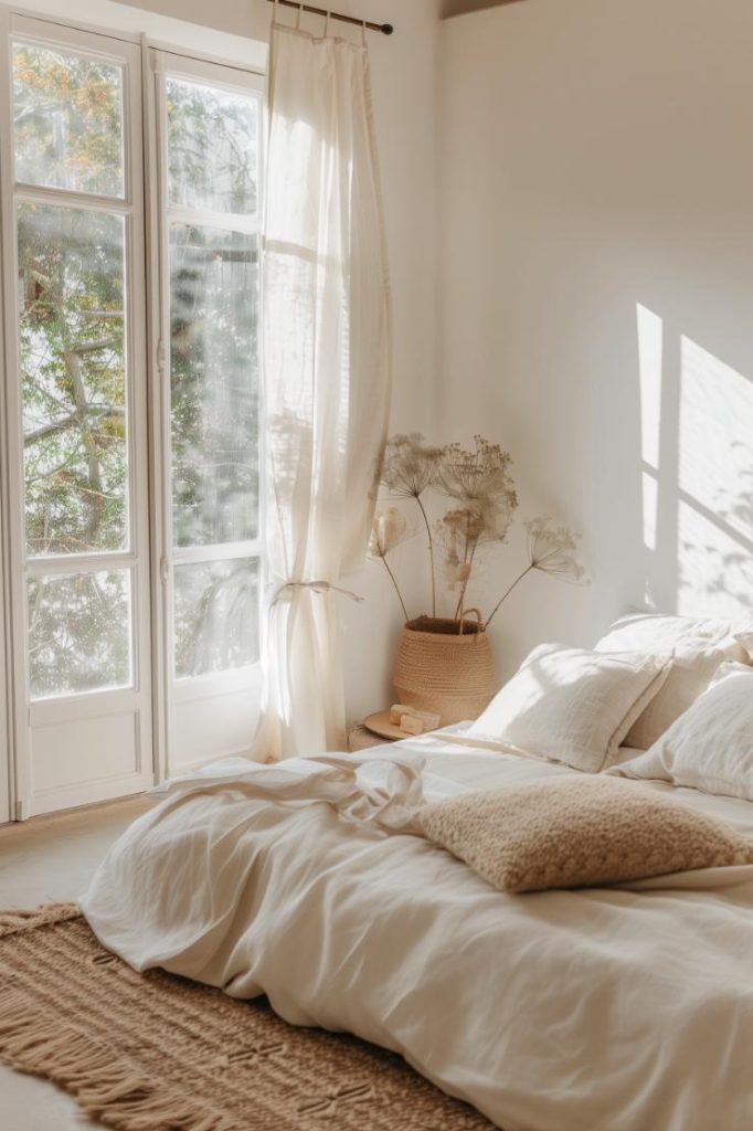 A room dedicated to mindfulness and serenity uses subdued tones and simple accents such as neutral and soothing pillows, light fabrics and natural textures to create a Zen atmosphere that calms the soul.