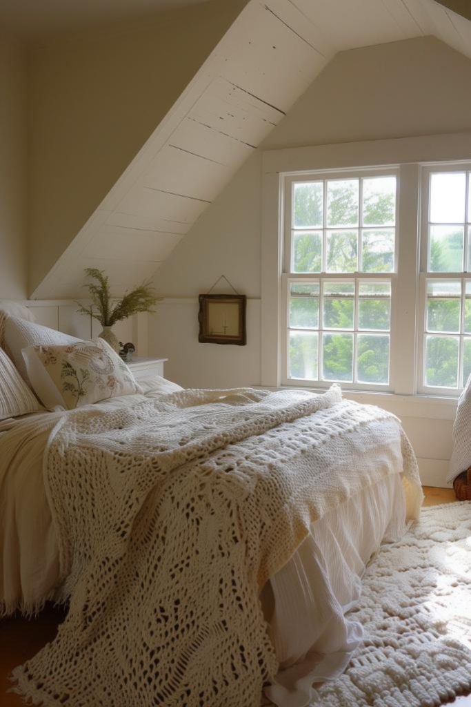 A hint of rustic charm gives the bedroom a down -to -earth atmosphere and combines robust wooden elements with a feminine aesthetics that is expressed in crocheted overturns and cream -colored pillows.