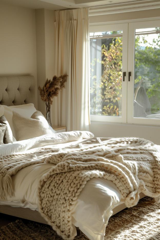 A harmonious fusion of different textures, from roughly knitted overturns on the bed to dried pampas grass on the bedside table, offers a multi -layered and tactile exploration of feminine decorations.