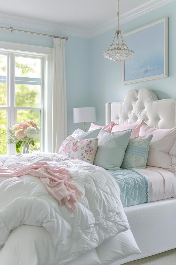 A dance of pastel tones, from baby blue to tender pink, through the pillows and bed linen, creates a playful and yet relaxing tone for a blissful retreat in the bedroom.