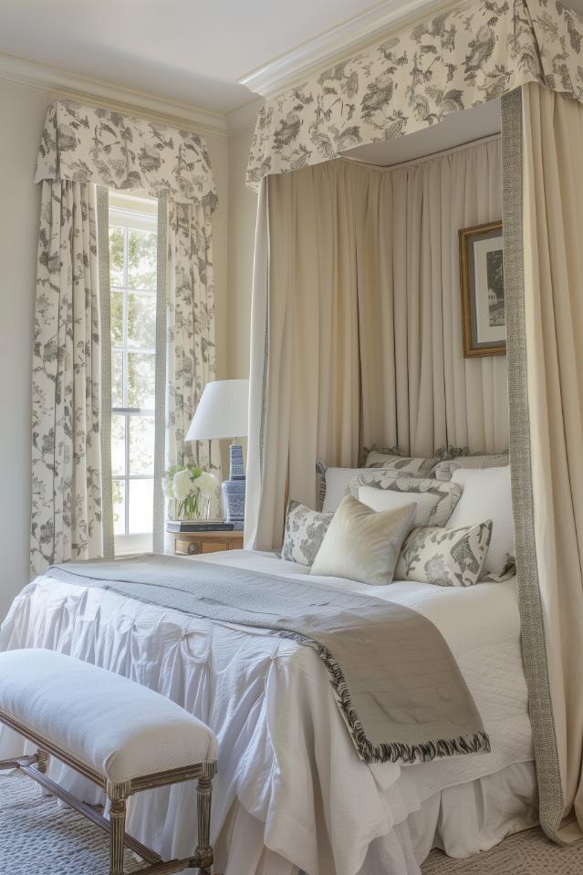 Soft curtains and graceful patterns are reminiscent of the charm of the south and present a bedroom full of traditional elegance and female warmth.