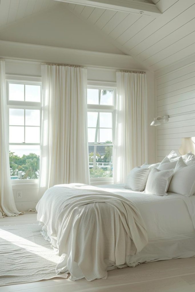 A light breeze seems to blow through a coastal style bedroom, in which gentle white and sand tones underline a calm feeling of beach.