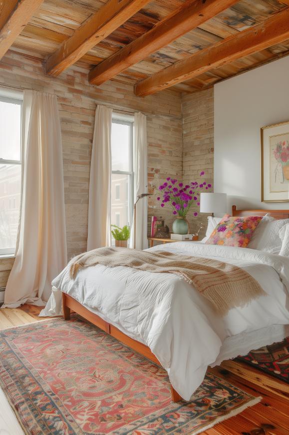 Brick walls and exposed bars frame a loft bedroom that combines urban coolness with feminine accents and thus creates an attractive balance.