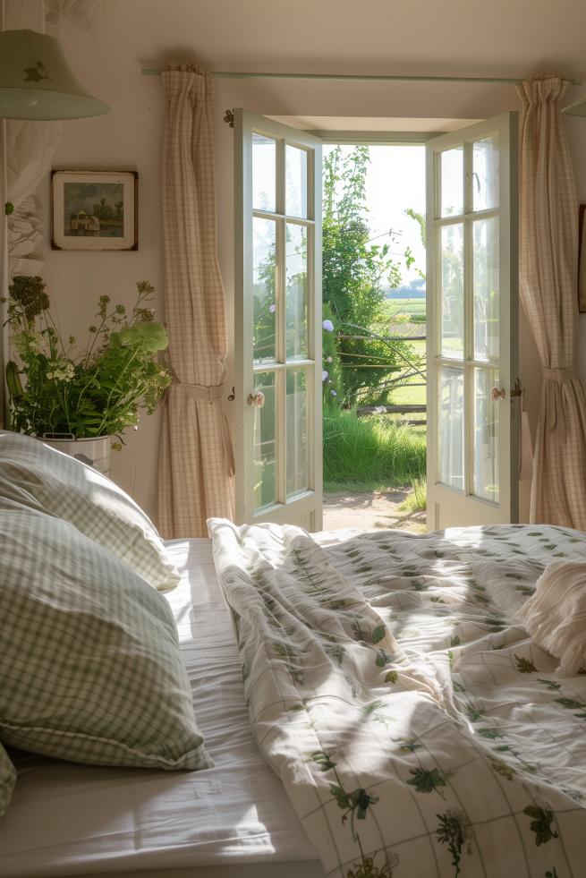 Cream patterns and prints with plant motifs create a charming rural corner, ideal for someone who loves both rustic flair and feminine softness.