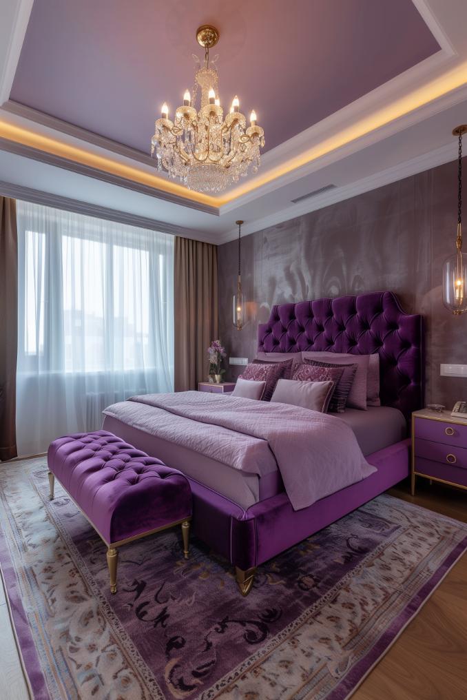 Royal purple tones and noble fabrics crown a bedroom with royal sophistication and fit well with a stately chandelier that appeals to the royal taste in terms of furnishings and comfort.