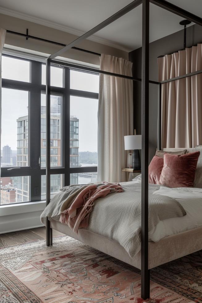 A bedroom with an urban chic touch shows a clever mix of furniture with industrial touch and gentle, delicate accents and thus creates a modern, feminine refuge.