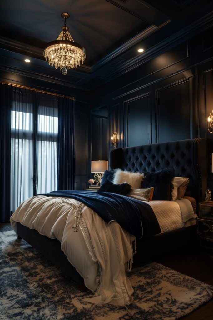 A bedroom, wrapped in dark blue tones and accentuated with elegant lighting, creates an ambience of midnight elegance, serenity and style and gives the room a relaxing and chic atmosphere.