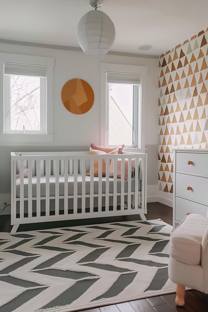 Geometric patterns have a simple kindergarten teaching with contrasting shades of gray, roar, black and white to create a modern, gender -neutral port.