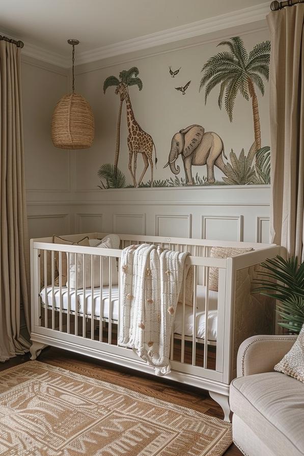 Adorable Safari -Tiere Parade over this charming children's wall. The room is covered with neutral colors and brings the Savannah to life.