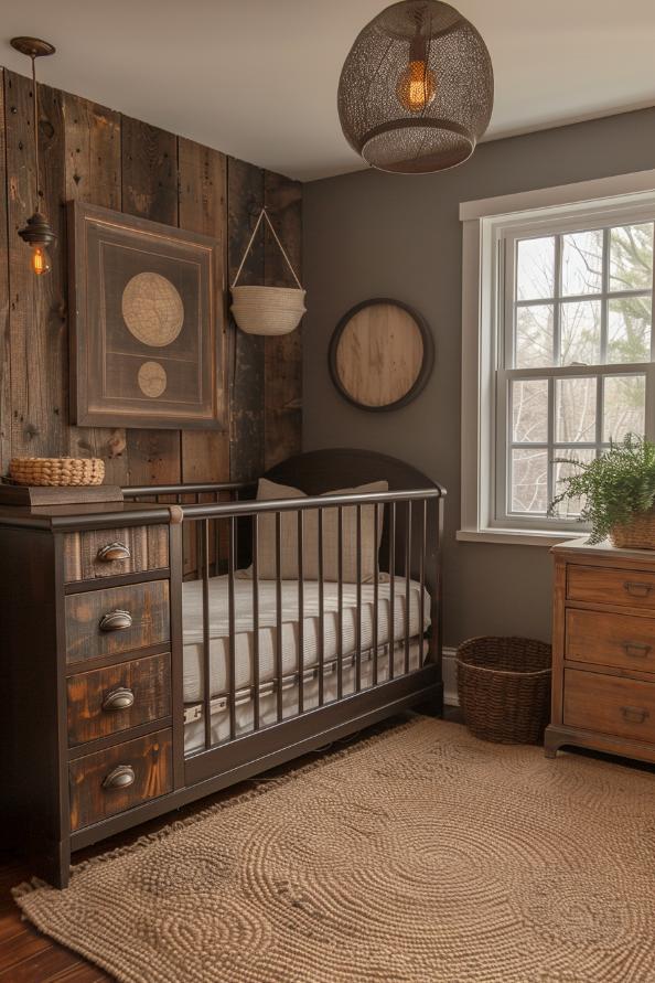 If you want something more nervous, try a brave mixture of metal bed and dark wood accents to bring an industrial charm into a neutral kindergarten.