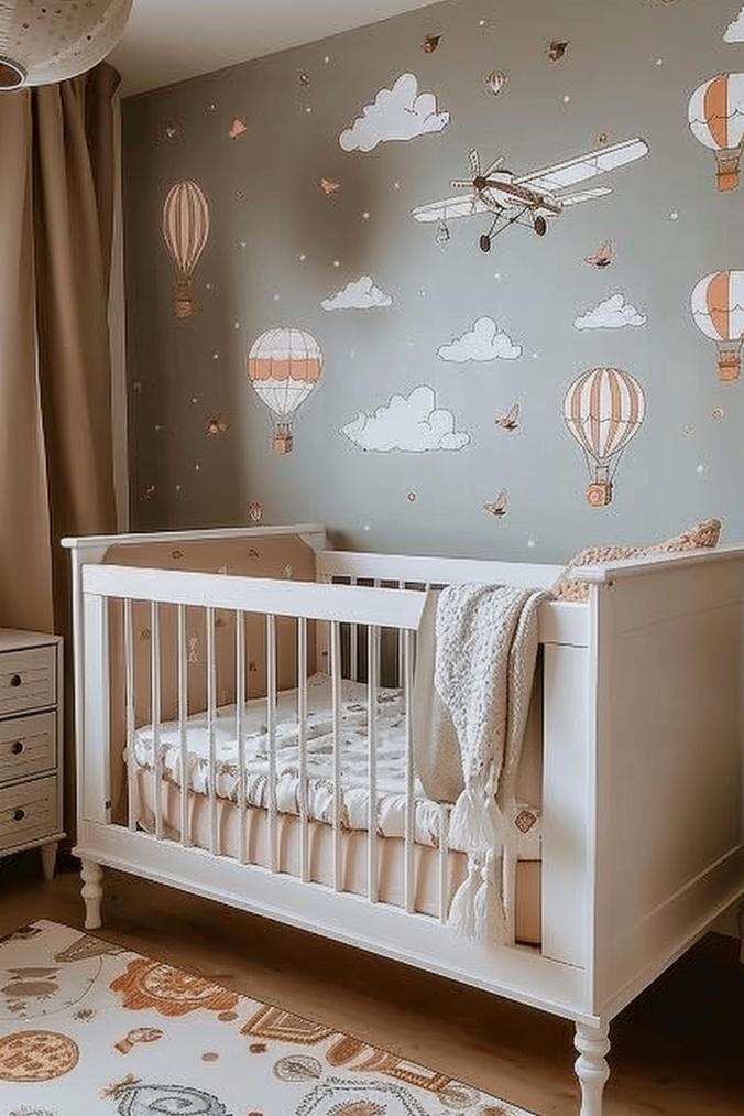 Make a journey through the clouds with this kindergarten with hot balloon, in which wallpaper art creates an atmosphere of global exploration. Inspired by the sky, this neutral sanctuary is perfect for the small adventure parents that rise across continents.