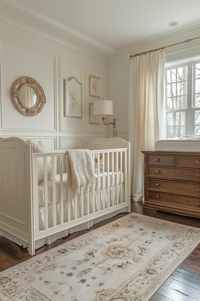 In this classically designed kindergarten, an ivory crib and cream -colored curtains flow a timeless elegance and breathe warmth into the <a href=