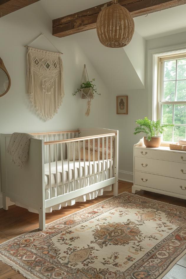 Macrame slopes and green planters invite an organic, Bohemian spirit into this neutral kindergarten.