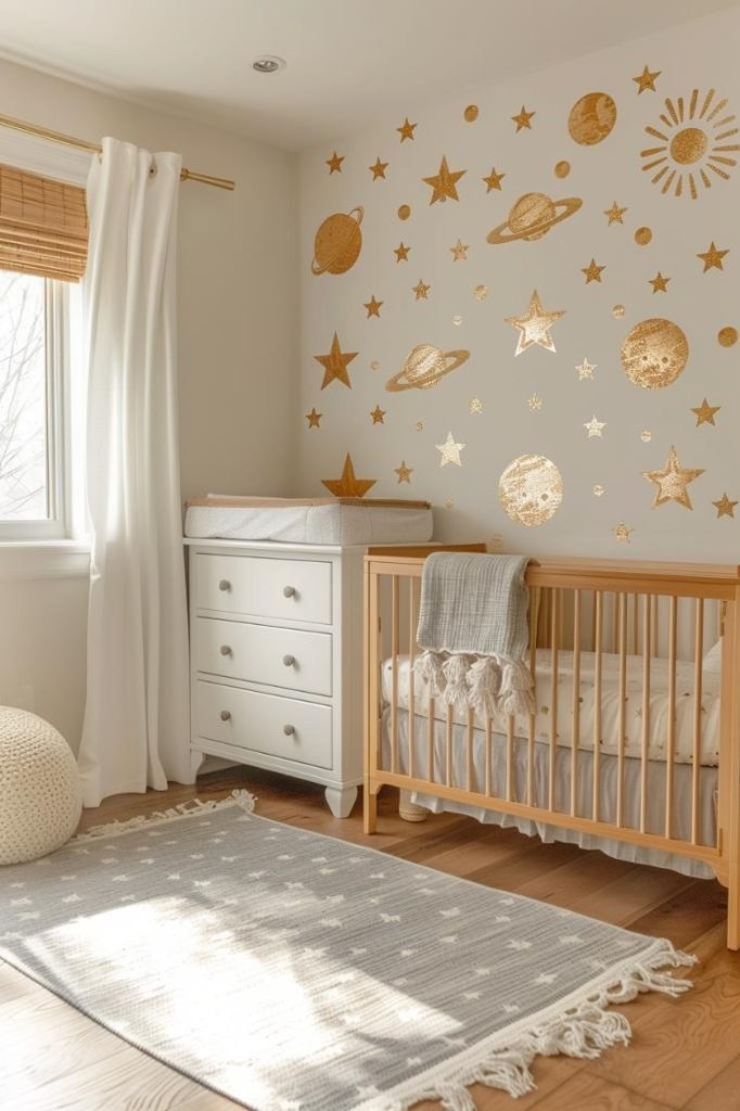 Spinning heavenly body and spaceship prints in gold start Little Dreamers in a space motif adventure in this neutral kindergarten.