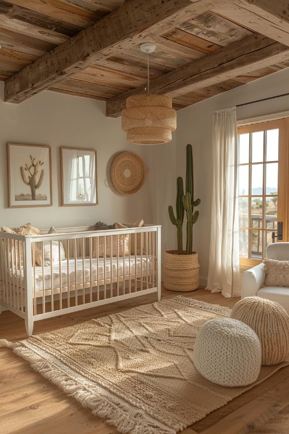 Sand and terracotta colors in textiles and pillows create a desert-inspired dreams, with cactic accents contribute to the warmth of the desert warmth of the neutral kindergarten.