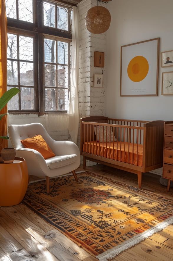 In the middle of the century, modern furniture and retro works of art mix stylishly in this trendy kindergarten, which is bathed in neutral colors and create a funny, artistic retreat for your baby.