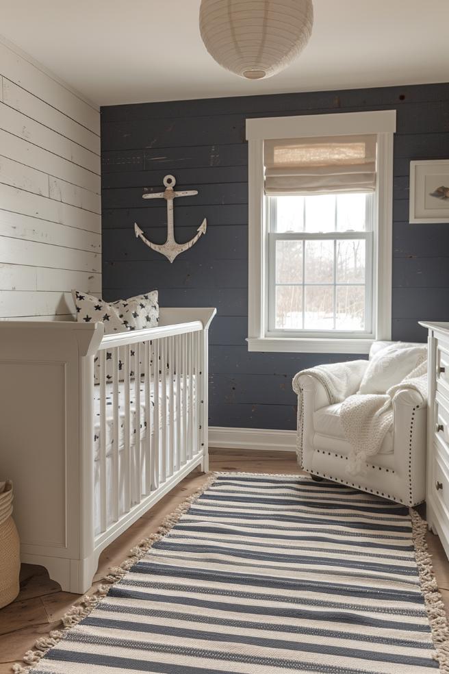 Navy and white strips sail over this kindergarten, in which neutral tones anchor the design peppered with nautical accessories.