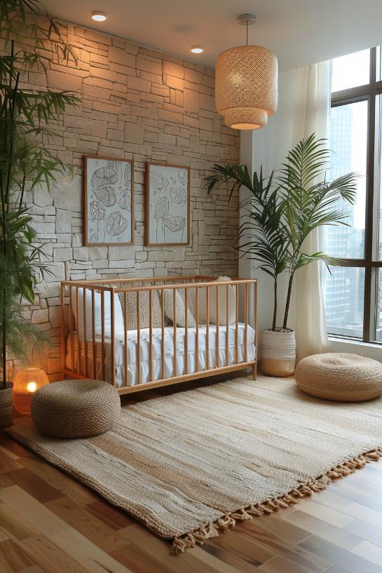 Create a minimalist and quiet kindergarten with a simple wooden bed that is surrounded by bamboo and stone accents and promotes a feeling of calm in a neutral color scheme.